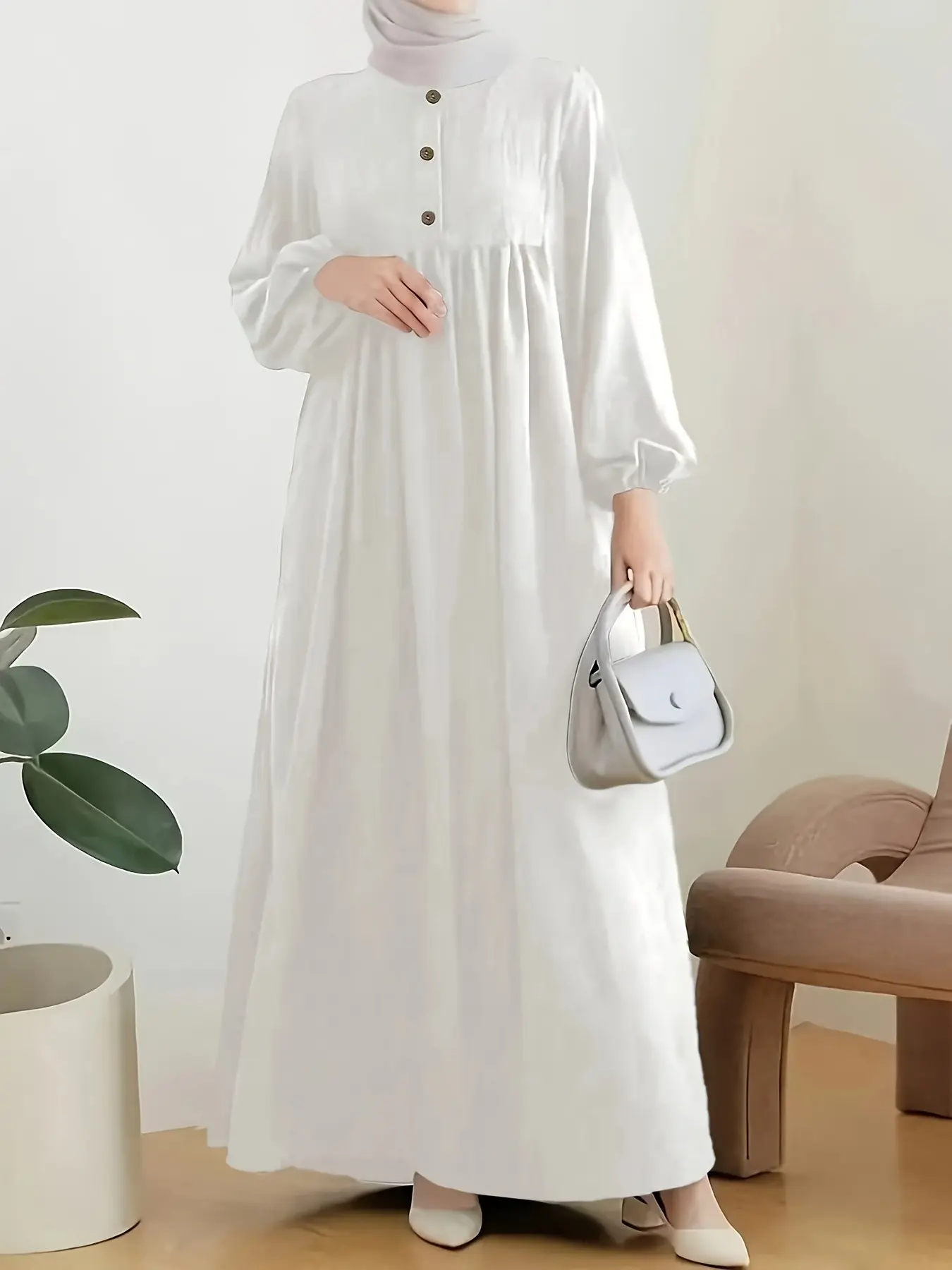 1pc Muslimah Linen Abaya, Islamic Abaya Dress, Fresh Minimalist Fashion, Long Balloon Sleeves, Loose Fit, Lightweight, Versatile, Summer Outdoor Wear
