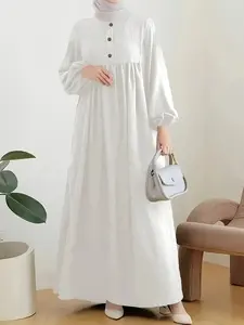 1pc Muslimah Linen Abaya, Fresh Minimalist Fashion, Long Balloon Sleeves, Loose Fit, Lightweight, Versatile, Summer Outdoor Wear