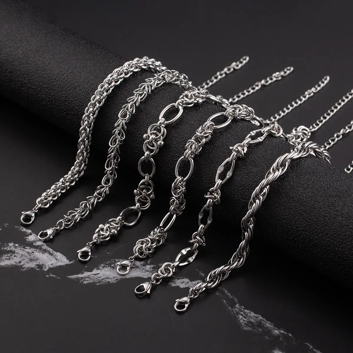 6Pcs Mixed Stainless Steel Chain Bracelet Set for Men Women, Silver Twisted Link Paperclip Curb Snake Stackable Wristbands, Minimalist Hip Hop Punk Layering Hand Jewelry for Street Skate Daily Outfits