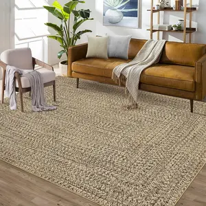 Garvee 8x10 Washable Large Rug - Modern Braided Low Pile Area Rug for Living Room, Bedroom, Nursery, Classroom - Geometric Soft Thin Floor Carpet with Non Slip Vintage Design in Beige Camel