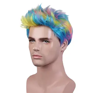 Mens Colorful Short Straight Wigs Boys Rainbow Heat Resistant Synthetic Wig  Costume Party Daily Wigs with Wig Cap