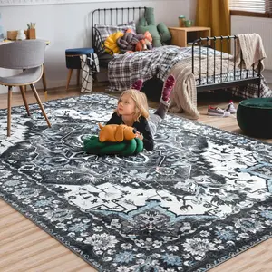 RUNIA Boho Area Rug - Large Low Pile Washable Retro Rugs for Living Room & Bedroom, Faux Wool Soft & Stylish Room Decor, Perfect for Living Room, Bedroom, or Any Room, Easy to Clean & Durable
