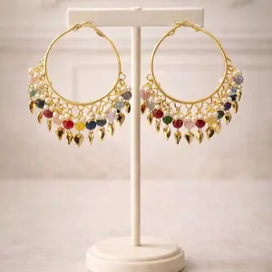 Gold Plated Hoop Earrings with Colorful Leaf and Bead Detail Accents for Women's Fashion
