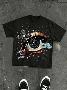 American High Street Streetwear Eye Cross Print T-Shirt, Dark Y2K Style Loose Oversized Fashion, Short Sleeve Casual Clothing for Men