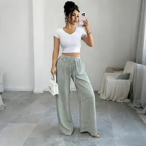 Rosette&Co Plus Size Women's Striped Wide Leg Pants with Drawstring Waist Loose Fit Breathable Fabric Summer Fashion Casual Bottoms for Women Bridal Style Adjustable Womenswear