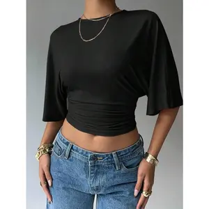 Women's Solid Color Round Neck Batwing Short Sleeve Pleated Cropped Casual T-Shirt