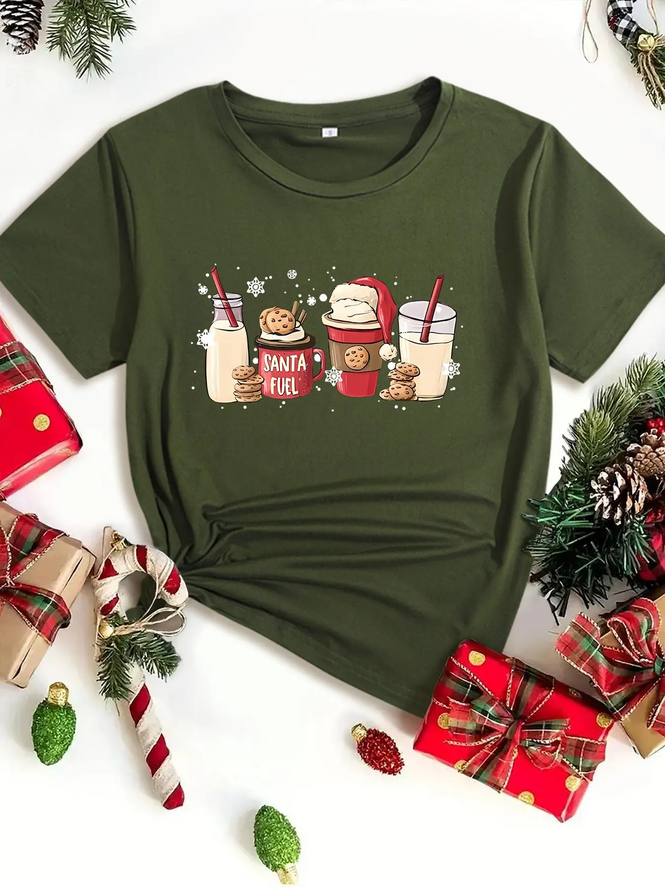 Women's Christmas Themed Milk Drink Print Round Neck Tee, Casual Short Sleeve Crew Neck T-shirt for Daily Holiday Vacation Outdoor Wear, Ladies Clothes for All Seasons