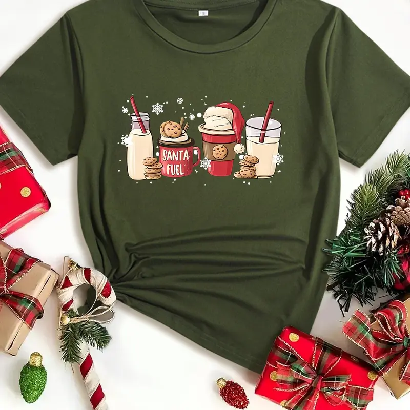 Women's Christmas Themed Milk Drink Print Round Neck Tee, Casual Short Sleeve Crew Neck T-shirt for Daily Holiday Vacation Outdoor Wear, Ladies Clothes for All Seasons