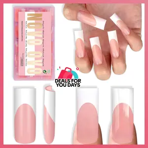 NOVO OVO Long Sharp Square White French Tip Nail Tips Press on BABY PINK, Extra Thick NEED Builder Gel & Top Coat & Glue, Soft Gel full Cover False Fake Nail Extension for Salon DIY x 15 Sizes 180 pcs【NO GLUE ,TOP COAT AND LIGHT】