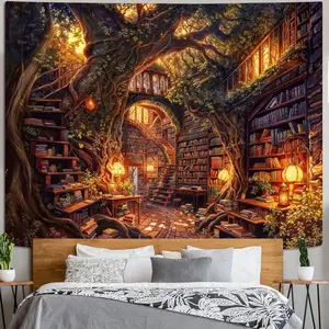 Forest Library Tapestry Tree Bookshelf Tapestries Wall Hanging Vintage Fantasy Fairy Treehouse Book Large Tapestry for Bedroom Living Room Dorm Classroom