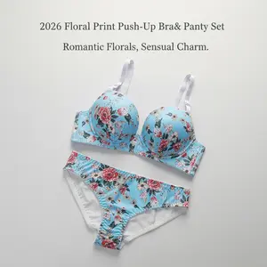 2026 Floral Print Push-Up Bra & Panty Set for Women Comfortable Everyday Wear Plus Size Wireless T-Shirt Bra Full Coverage Lace Intimates - Fabric Adjustable Four-Breasted Wire-Free Jacquard Leopard Bras Big Women's Arm Shaper Corset Underwire Minimizer