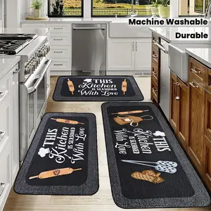 3pcs Grey Letter and Kitchen Utensil Print Soft Plush Mats, Rectangular Absorbent Floor Pads for Living Room and Home, Machine Washable, Durable, Comfortable, Soft, Easy-to-Clean, Low-Maintenance Mat Suitable for Kitchen, Polyester Fiber Material