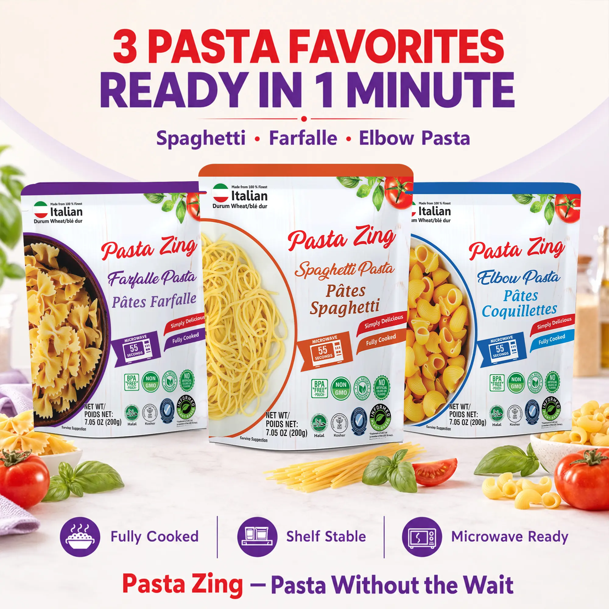 Pasta Zing Variety Pack | 3 Spaghetti, 2 Farfalle & 2 Elbow Pasta | 7 Pack | Ready in 1 Minute