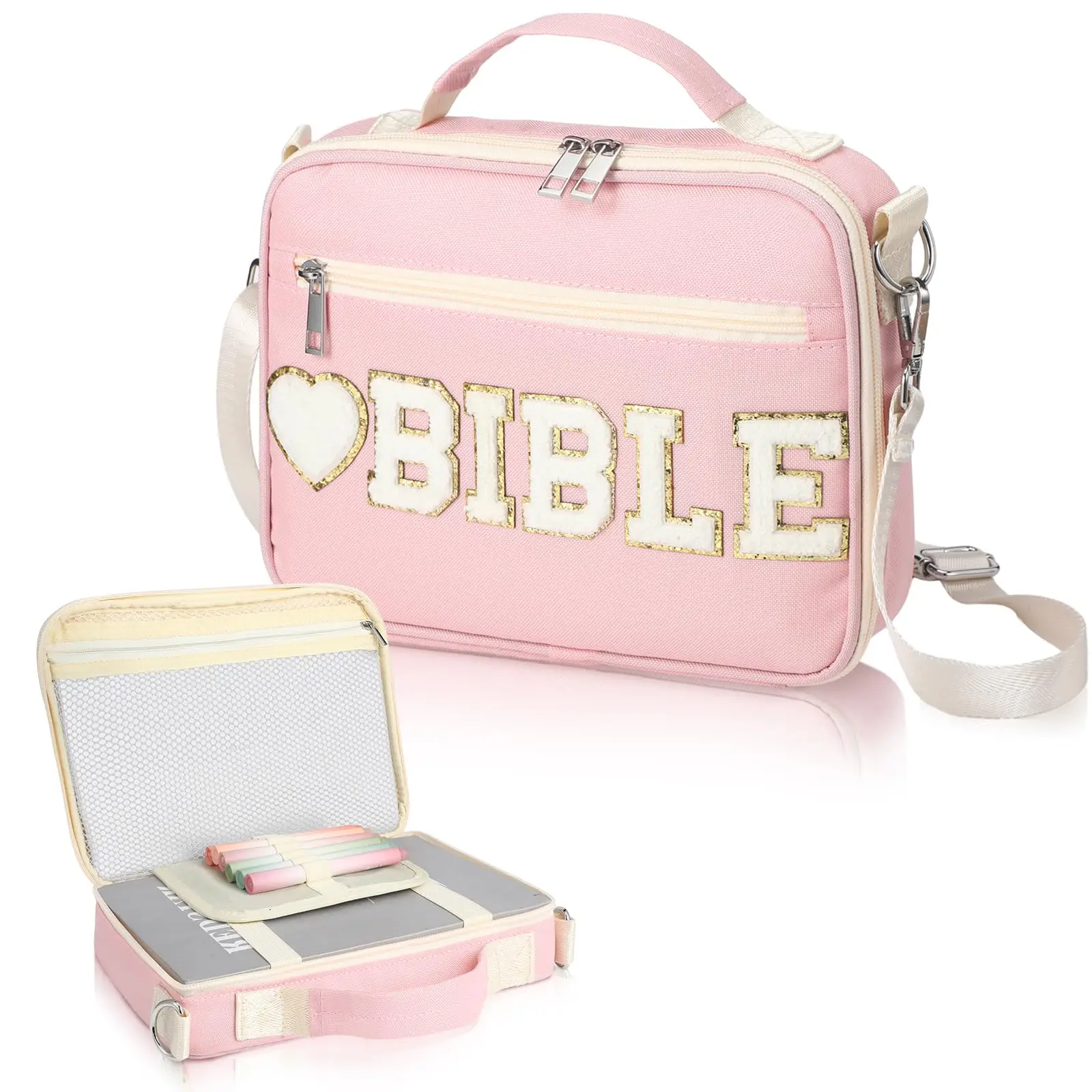 Bible Case for Christian Girl Bible bag with Shoulder Strap Bible Chenille Letter Bible Cover Case Durable Canvas material Carrying Bag Church bag for