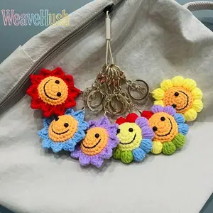 Hand Crochet Wool Sunflower Smiley Doll Keychain - DIY Bouquet Accessory, Cute Handmade Charm Pendant for Bag & Key Ring Craft Decoration