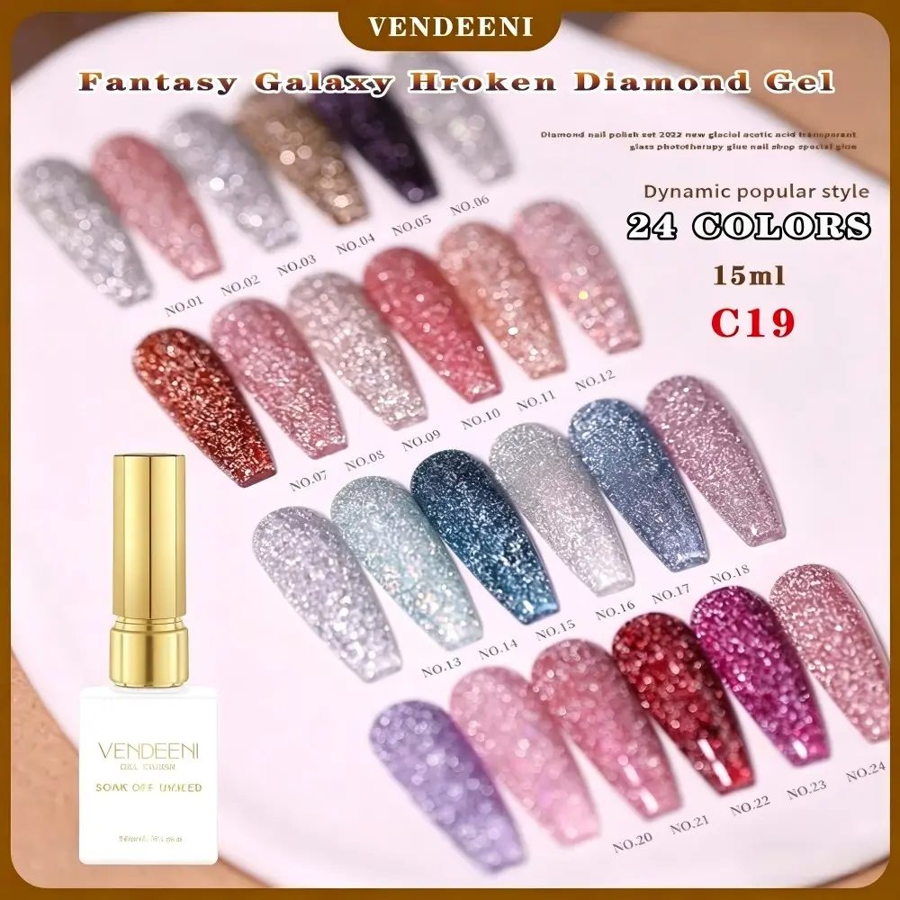 1pc Vendeeni 24-Color Dream Galaxy Shattered Diamond Gel Nail Polish, UV LED Glitter Gel, Artistic Clear Top Coat, Party Nails