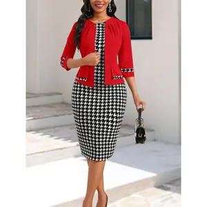 ElegantWomen'sHoundstoothDressandRedOpen-FrontJacketSet-Chic3/4Sleeve,StretchPolyesterBlend,Knee-LengthSkirtSuitforAllSeasons