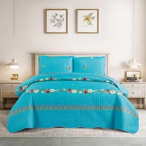 Luxurious Quilted Bedspread Set, Floral Pattern DuvetCover with Pillowcase,Quilt,bed cover, bedspread,QueenSize, Reversible Design, Decorative Bedding Set