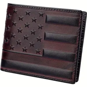 American Flag Design Cowhide Leather Short Wallets for Men, Western Cowboy Cowgirl Bifold Wallets, Vintage Credit Card Holder Wallet For Husband