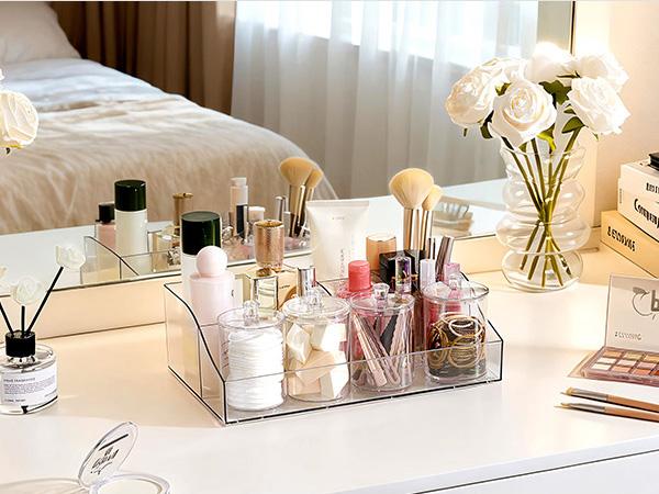 Vtopmart 6 PCS Bathroom Countertop Organizer, 1 Divided Tray with 4 Qtip Holder Jars and 1 Drawers, Restroom Clear Organizers for Toothbrush, Cotton Pads, Vanity Accessories Storage Set, DealsForYouDays (Mid Year Sale Restock), Home Decor, DFYD