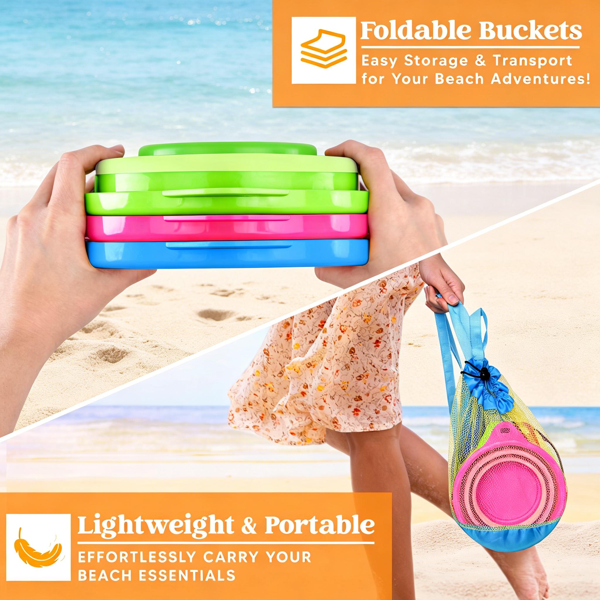 3 Pack Foldable Beach Buckets with Shovels & Mesh Bag | Portable Collapsible Pails