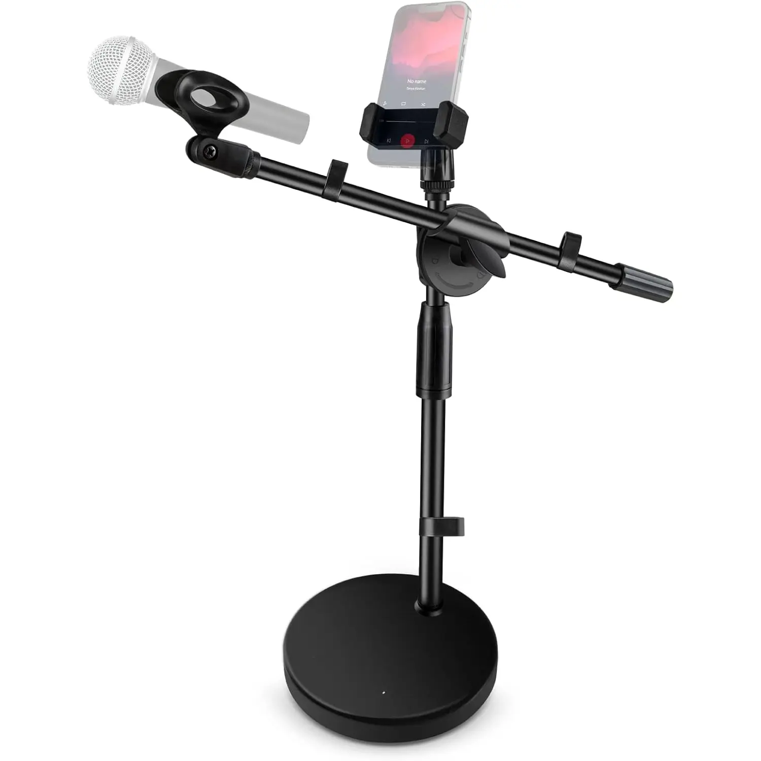 Microphone Stand Desk Adjustable Desktop Microphone Stand with Boom Arm Upgraded 3 in 1 Table Phone/Mic Stand with Microphone Clip,Cell Phone Clip,3/8" to 5/8" Adapter for Universail Mic