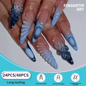 24pcs Almond Shape False Nails, Gradient Blue Design, Shell Carving, Butterfly Stickers & Pearl Accents, Glossy Finish, Easy DIY Manicure Kit