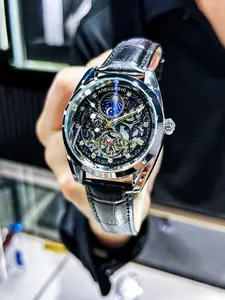 Luxury Men's Skeleton Automatic Mechanical Watch, Stylish Casual Wristwatch Mechanical Style Watches with Alloy Case, Perfect Gift for All Seasons