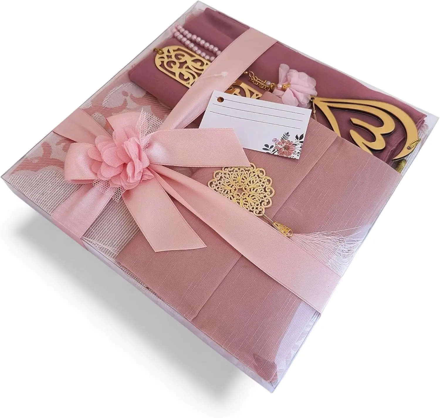 SAIKA Muslim Prayer Rug, 7 in One Gift Set, Prayer Mat Surah Book, Tasbeeh, Scarf, Surah Case, Bookmark, Car Mirror Hanger, Prayer Beads,Islamic Gift for Umrah, Hajj, Wedding, Janamaz (Rose)