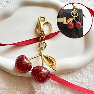 Cherry Bag Charm Cute Key Chains Cherry Purse Charms for Handbags cherry Keychain Valentine Gifts for Women Keychain Cherry Bag Charms  Adorable Key Chains Women Cute for Handbags & Car Keys Fashion Gift for Women Gold Plated Glitter cherry keychain