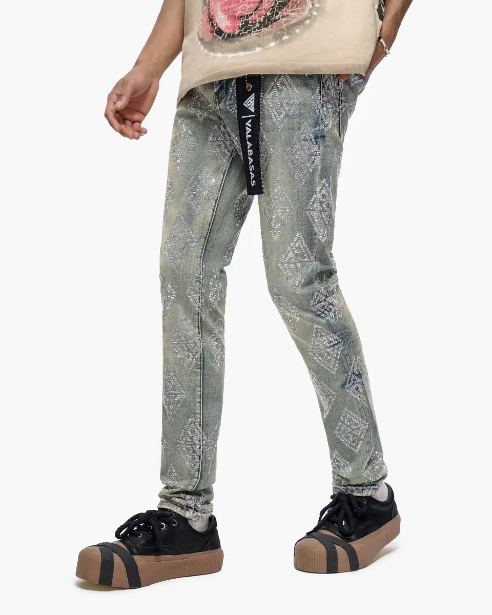 Menswear Men's Expandable Rhinestone Bedazzled Slim-Fitting Vintage Wash Cotton-Spandex Denim Jeans - Full Length, Button-Zip Fly, Pockets, All Over Print, Streetwear Casual Wear, True Size