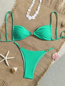 HIBOMARI Sexy Bikini 2 Pieces Set With Glossy Texture And Special Fabric Accessories Vacation Beach Summer