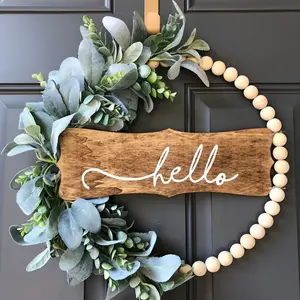 [Modern Wreath] Modern Wooden Bead Arch Wreath, Mixed Floral Wreath | Neutral Year-Round Floral Decoration with Lamb's Ear Leaves