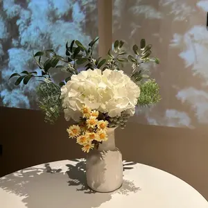 Artificial White Hydrangea & Daisy Flower Arrangement with Matte Ceramic Vase, Lifelike Faux Floral Bouquet for  Living Room, Dining Table, Bedroom , No Maintenance Fake Flowers whimsical home decor