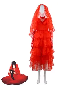 Lydia Deetz Costume with Gloves Scarf Lydia Women Wedding Dress Gothic Red Gown Halloween Outfits with Veil Beetle Bride Cosplay