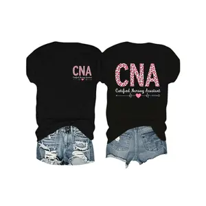 CNA Certified Nursing Assistant Double Print Cotton Tee, Pink Leopard Heartbeat Casual Women Healthcare Worker Top,funny graphic tee,summer graphic tees,tee Womenswear Hospital fathers day gift ideas