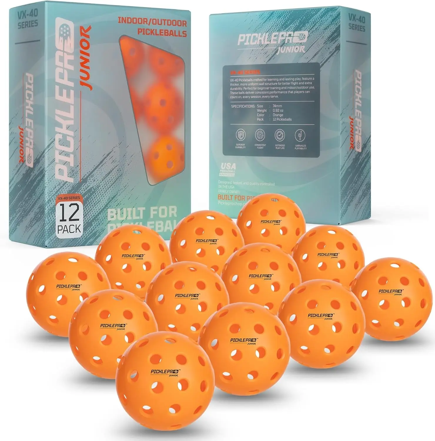 PicklePro Junior Outdoor & Indoor Pickleball Balls for Beginners – Lightweight LDPE 40-Hole Design for Stable Flight, Durable Construction for Training and Youth Play, USAPA Compliant, 12-Pack