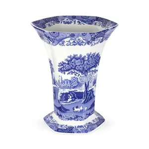 Spode Blue Italian Hexagonal Vase - 10.5" Porcelain Decorative Accent with Oriental-Inspired Detailing & Scenic Italian Countryside Design