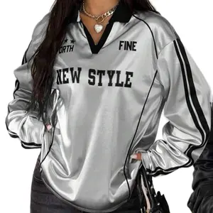 Women’s Graphic baseball jersey V- Neck polo Long Sleeve Silver Tshirt