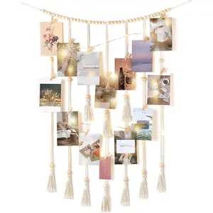 Macrame Hanging Photo Display Wall Decor with String Lights Boho Room Bedroom Wooden Beads Garland Picture Greeting Cards Holder with 30 Clips