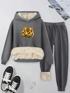 Women's Hooded Sweatshirt Set, Winter Warm Fleece Jacket & Pants, Casual Sequin Print, Plus Size, Fall & Winter Fashion