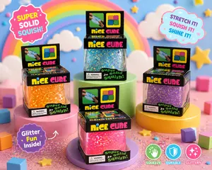 Glitter Nice Cube Stress Relief Toy | Soft Squishy Slow Rise Fidget Cube for Anxiety Relief, Focus & Sensory Fun | Non-Sticky Desk Toy | 4 Colors