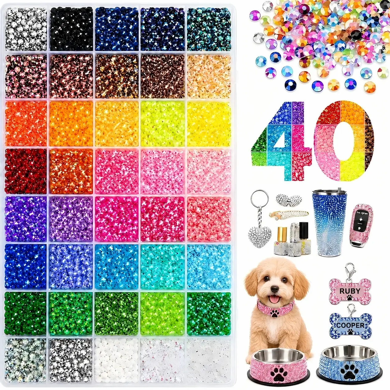Rhinestone Bedazzling Kit with Tools,Pet Accessory 42000Pcs 3mm Flatback Resin Jelly Rhinestones for Pet Toy Decoration, Cat Toys, Clothes, Shoes, Nail Art, Phone Cases, Tumblers, Book Covers & DIY Crafts