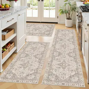 European Persian Style 3-Piece Kitchen Carpet Set, Soft Comfortable Bedroom Bedside Long Carpet, Easy Clean Balcony Entrance Mat