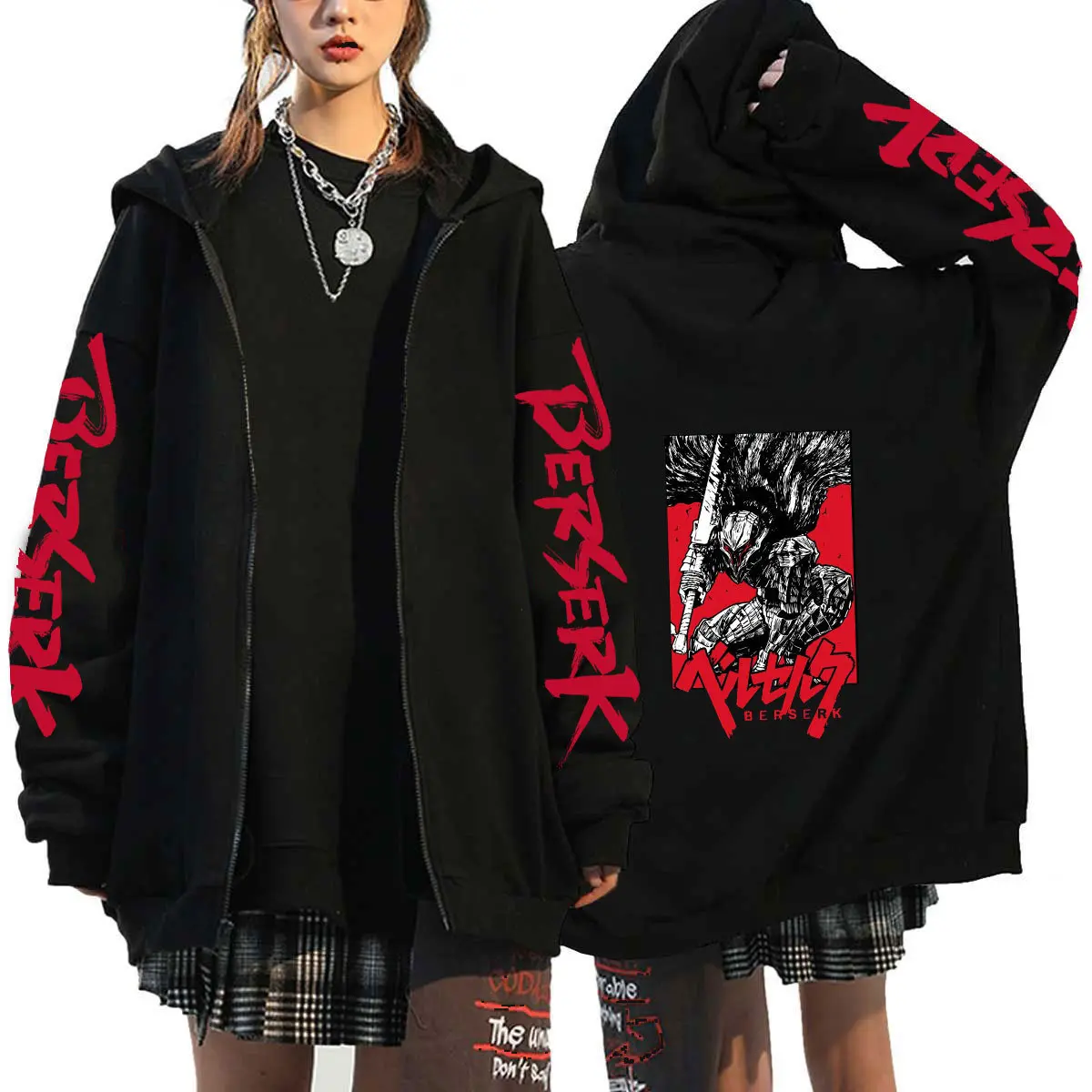 Men's Japanese Anime Berserk Print Hooded Zip-Up Sweatshirt - Casual Regular Sleeve Longsleeve Menswear Top Jacket