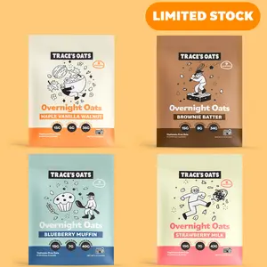 Trace’s Oats Starter Pack – 4-Pack Delicious High Protein Overnight Oats | 15g Protein, No Added Sugar, Gluten & Glyphosate-Free | Blueberry Muffin, Maple Vanilla Walnut, Strawberry Milk, Brownie Batter