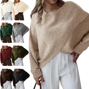LAICIGO Womens Oversized Batwing Sweaters Long Sleeve Crew Neck Poncho Slouchy Knit Asymmetrical Pullover Tops