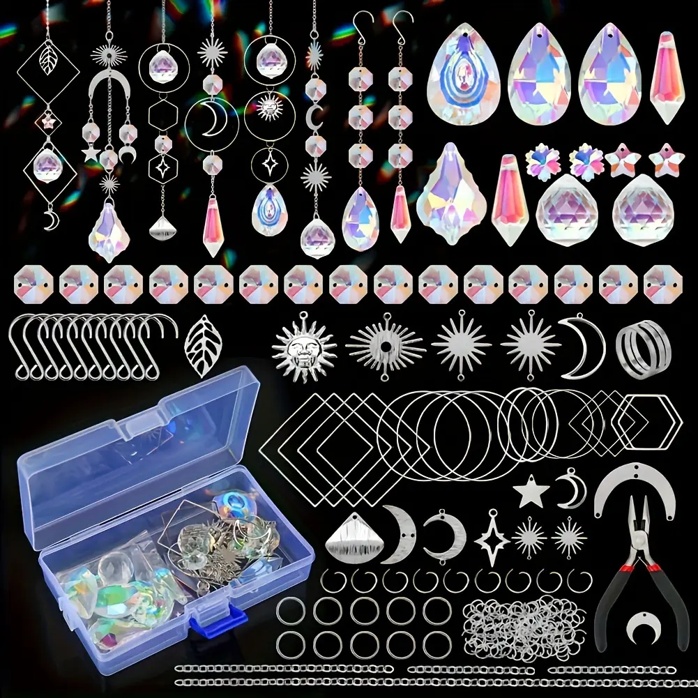 200 Piece Set DIY Sun Catcher Colorful Glass Hanging Crystal Pendants with Chain, Outdoor Wind Chimes, Home and Garden Decoration Accessories