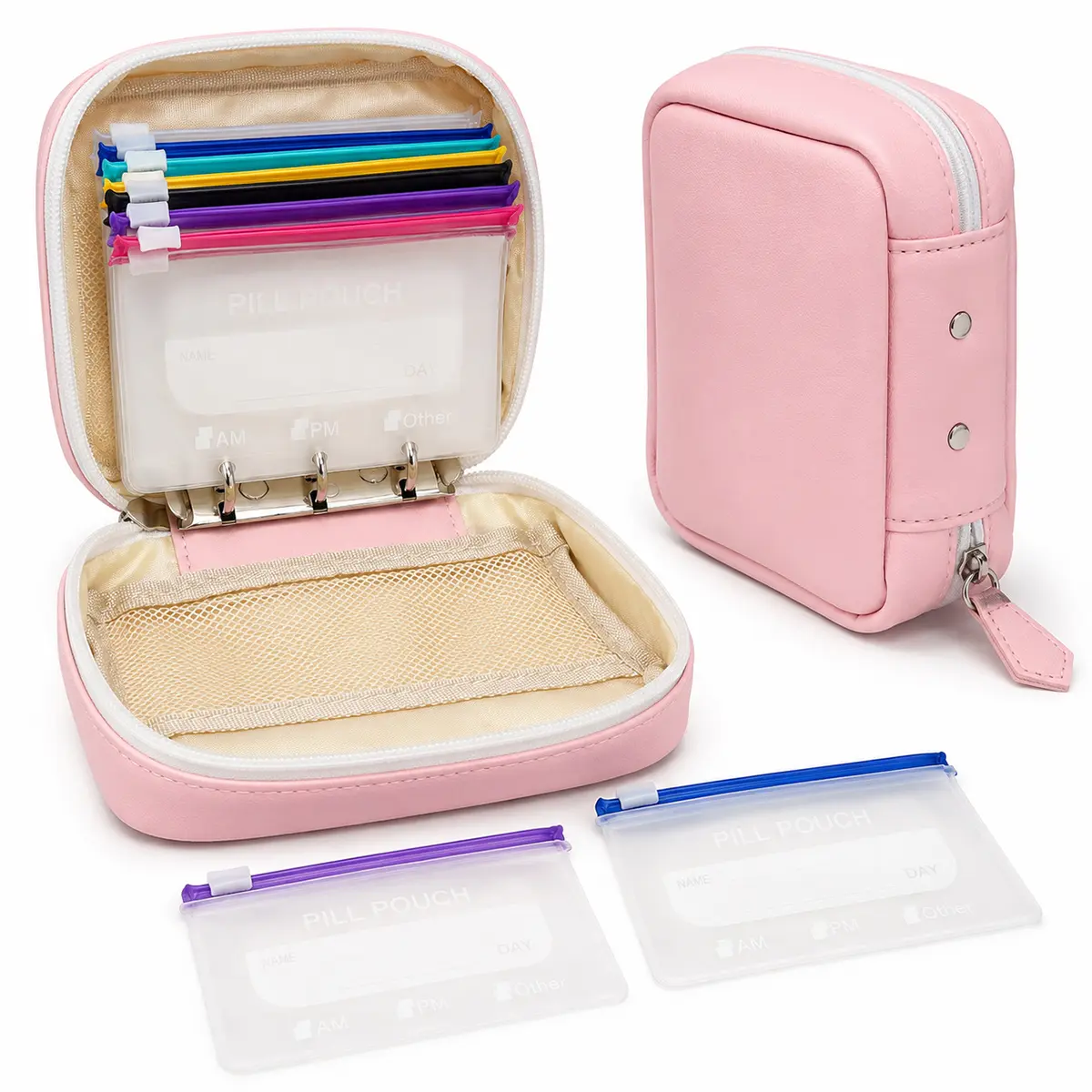 A8 Pill Pouches for Travel, Waterproof Binder Pill Organizer Set, 14 Color-Coded Airtight Reusable Zipper Pouches, Large Weekly Travel Storage for Daily Medicine, Vitamins & Fish Oils