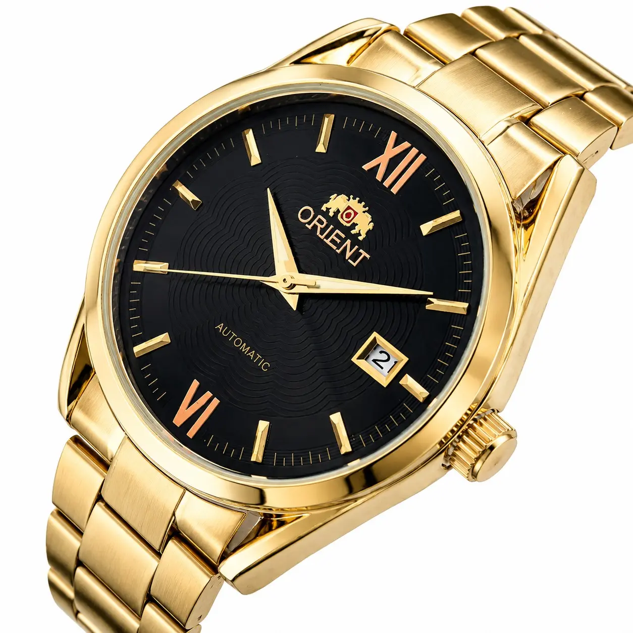 Men’s Orient Gold Plated Automatic Mechanical Watch Roman Numerals Date Window Self Winding Luminous Hands Stainless Steel Bracelet Waterproof Luxury Business Dress Wristwatch Gentleman Daily Wear Anniversary Birthday Gift Watch